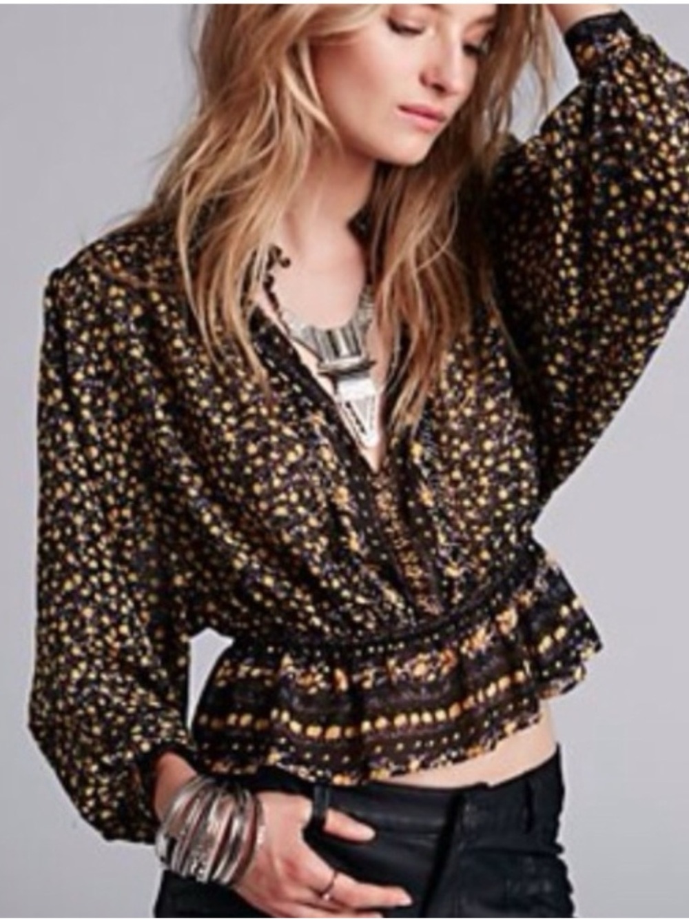 Free People If I Had You chiffon floral beaded top size Large